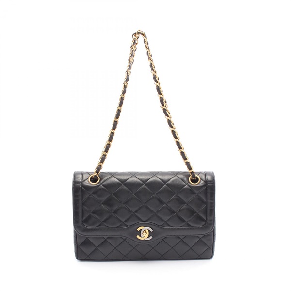 CHANEL Matelasse W flap Shoulder Bag Lambskin sheep leather Black Used Women GHW