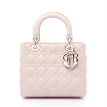 Christian Dior LADY DIOR Cannage shoulder Tote Handbag Lamb leather Baby Pink