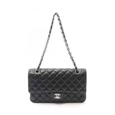CHANEL Matelasse double flap Shoulder Bag Grained calfskin Black Used Women SHW