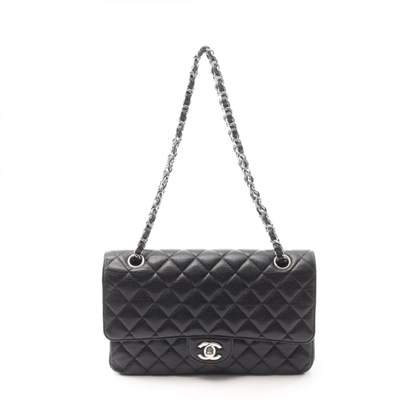 CHANEL Matelasse double flap Shoulder Bag Grained calfskin Black Used Women SHW