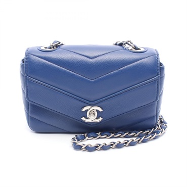 CHANEL Chevron V Stitch chain Shoulder Bag A35200 leather Blue Used Women SHW CC