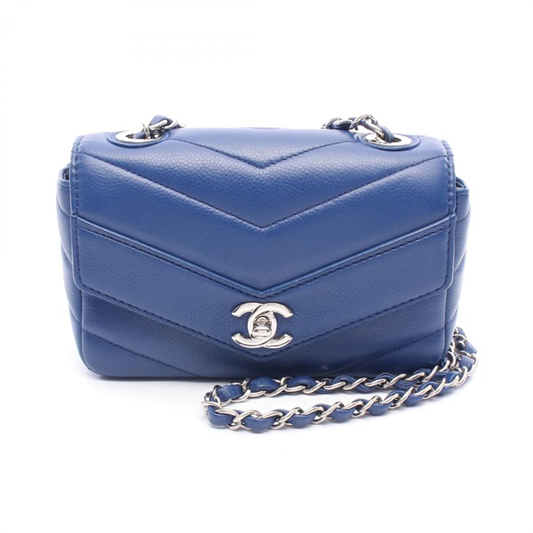 CHANEL Chevron V Stitch chain Shoulder Bag A35200 leather Blue Used Women SHW CC