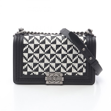 CHANEL Boy chanel Chain Shoulder Bag Lamb sheep leather Black White Used Women