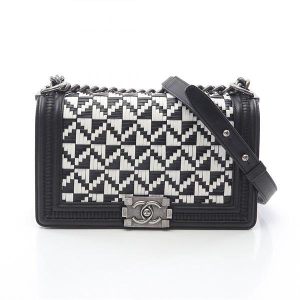 CHANEL Boy chanel Chain Shoulder Bag Lamb sheep leather Black White Used Women