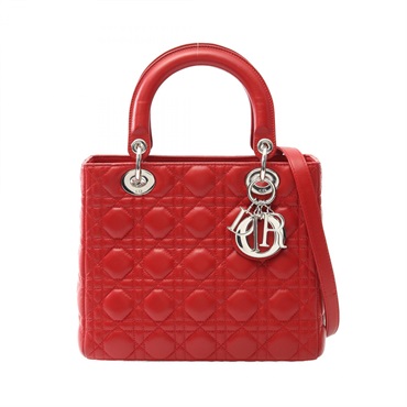 Christian Dior LADY DIOR Cannage Shoulder Tote Handbag leather Red Used Women