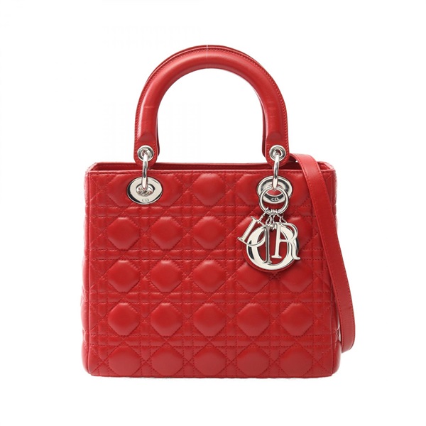 Christian Dior LADY DIOR Cannage Shoulder Tote Handbag leather Red Used Women