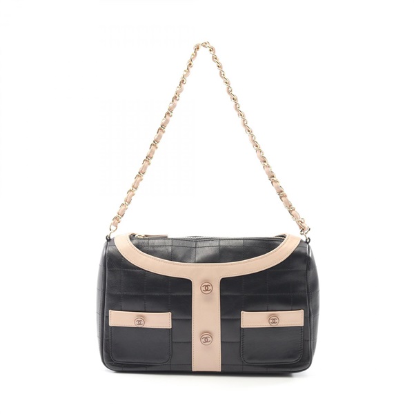CHANEL Girl Chanel Chocolate Bar chain Shoulder Bag leather Black Pink Used GHW