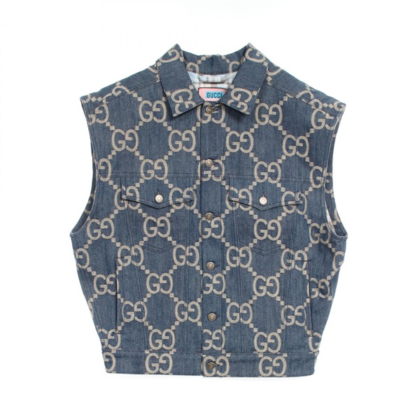 GUCCI Jumbo GG denim vest 674339 cotton Navy Beige Used mens #44