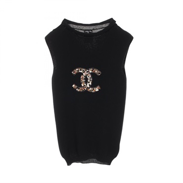 CHANEL COCO Mark knitwear tops sleeveless P26220V01900 cashmere Black Used #38