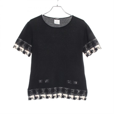 CHANEL tweed knitwear short sleeve P25262W03472 cashmere Black White Used #40 CC