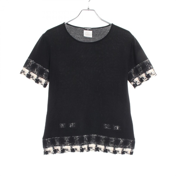 CHANEL tweed knitwear short sleeve P25262W03472 cashmere Black White Used #40 CC