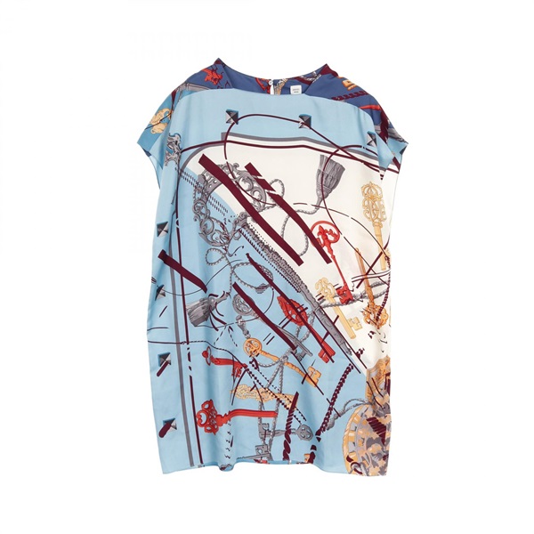 HERMES LES CLES Dress *86-7603 Silk Blue Multicolor #36 Used Women