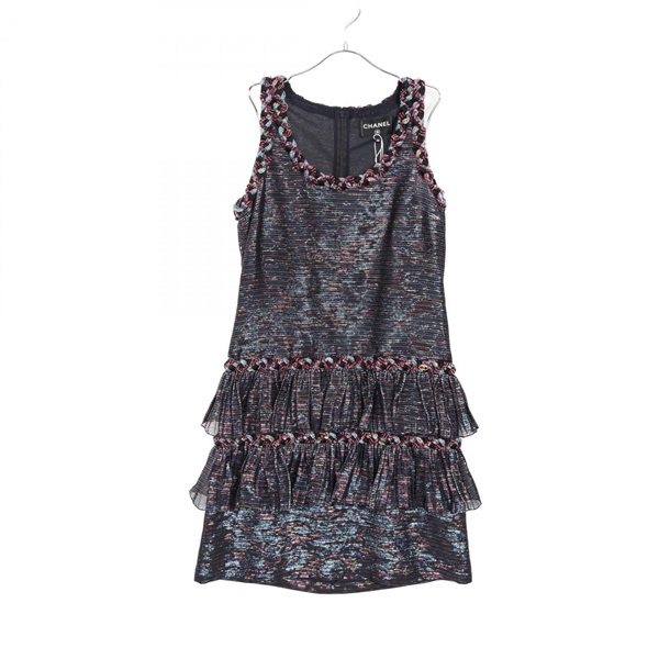 CHANEL COCO Mark Dress sleeveless P70048V48334 silk Black Multicolor Used #36 CC