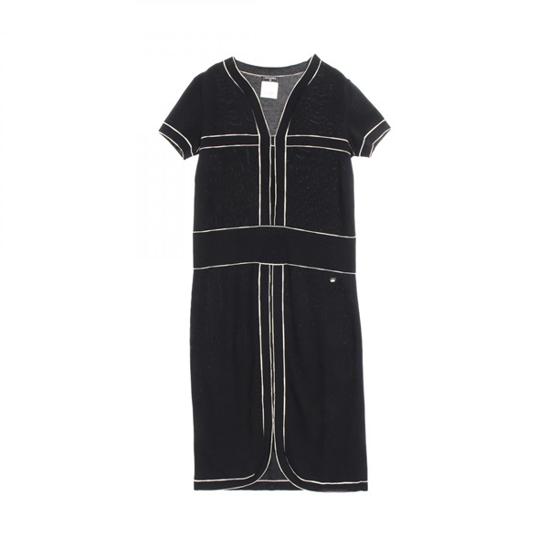 CHANEL Dress short sleeve P47675K06010 cotton Black White Used Women #36 COCO CC