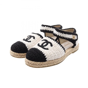 CHANEL COCO Mark Sandals flat shoes G38736 leather Fabric White Black Used #37