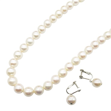 JEWELRY 2-piece set Pearl Necklace screw back Earrings Silver925 14KWG Gold 43cm