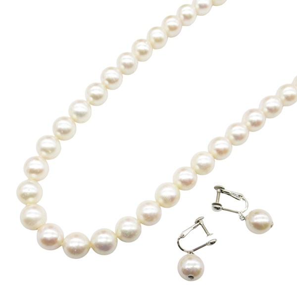 JEWELRY 2-piece set Pearl Necklace screw back Earrings Silver925 14KWG Gold 43cm