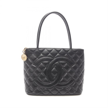 CHANEL Medallion tote hand Bag A01804 Calfskin leather Black Used Women GHW
