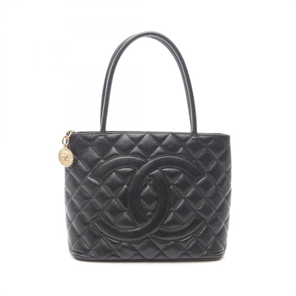 CHANEL Medallion tote hand Bag A01804 Calfskin leather Black Used Women GHW