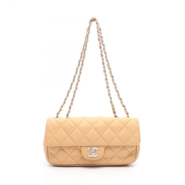 CHANEL Matelasse single flap chain Shoulder Bag leather Beige Used Women SHW