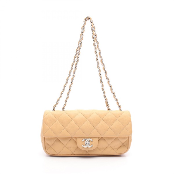 CHANEL Matelasse single flap chain Shoulder Bag leather Beige Used Women SHW