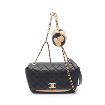 CHANEL Mini Matelasse Camellia Chain Shoulder Bag Lamb leather Black Gold Used