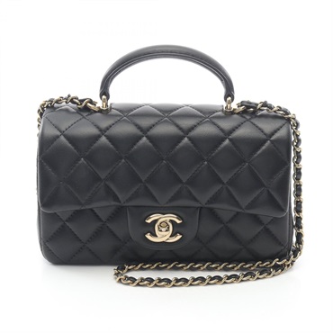 CHANEL Matelasse Top Handle Mini Flap Chain Shoulder Bag AS2431 Lambskin Blk GHW