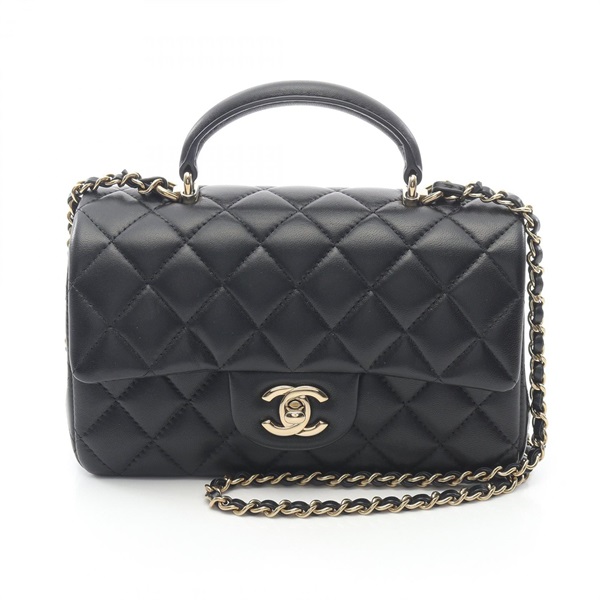 CHANEL Matelasse Top Handle Mini Flap Chain Shoulder Bag AS2431 Lambskin Blk GHW