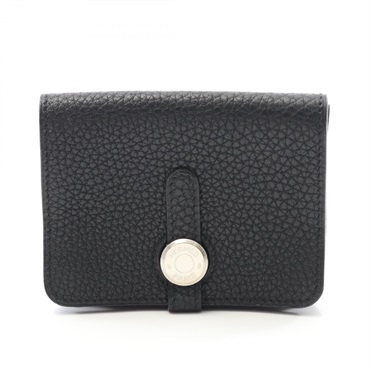 HERMES Dogon Card Case Togo leather Black Used Women SHW