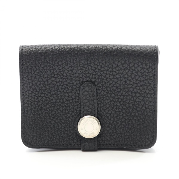 HERMES Dogon Card Case Togo leather Black Used Women SHW