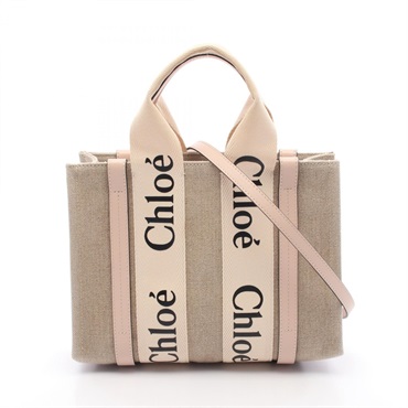 Chloe WOODY Small Tote shulder Bag canvas leather Pink Beige Used Women logo