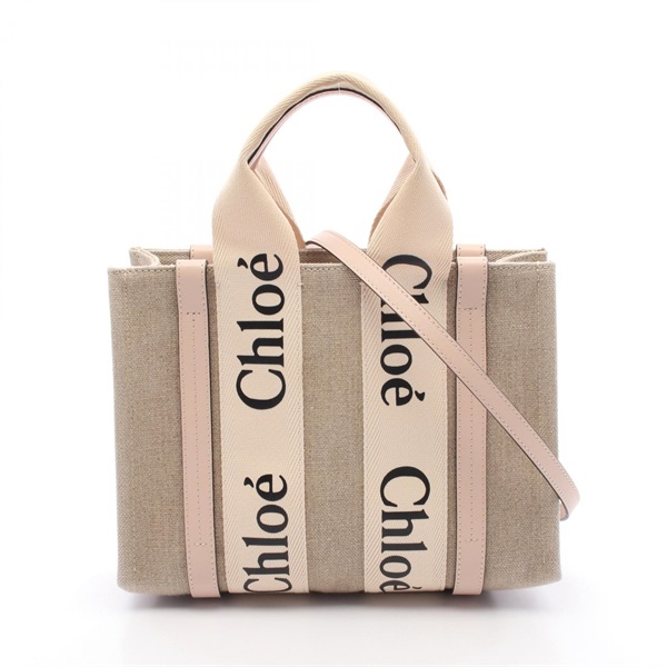 Chloe WOODY Small Tote shulder Bag canvas leather Pink Beige Used Women logo