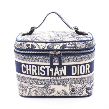 Christian Dior Travel Vanity Handbag Canvas jacquard White Navy SHW Used Women