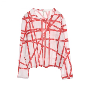 HERMES Bolduc Ribbon T-shirt long sleeve cotton White Red Used Women #ME
