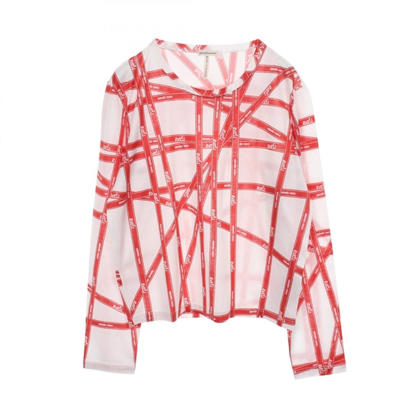 HERMES Bolduc Ribbon T-shirt long sleeve cotton White Red Used Women #ME