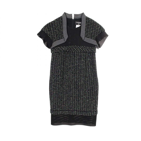 CHANEL Short Sleeve Dress P45948 Nylon Black Multicolor #38 Used Women