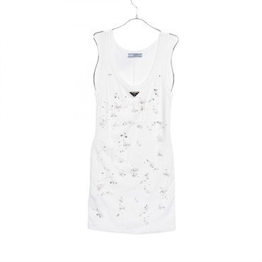 PRADA Triangle Logo Beaded Tank Top Dress 33582R Cotton White #36 Used Women