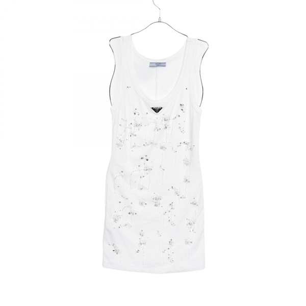 PRADA Triangle Logo Beaded Tank Top Dress 33582R Cotton White #36 Used Women