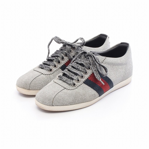 GUCCI sneakers #34.5 shoes lace-up 419544 Nylon Silver Used Women