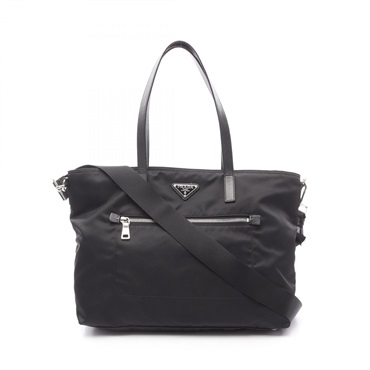 PRADA Shoulder Tote Bag Nylon Saffiano leather Black Used Women crossbody logo