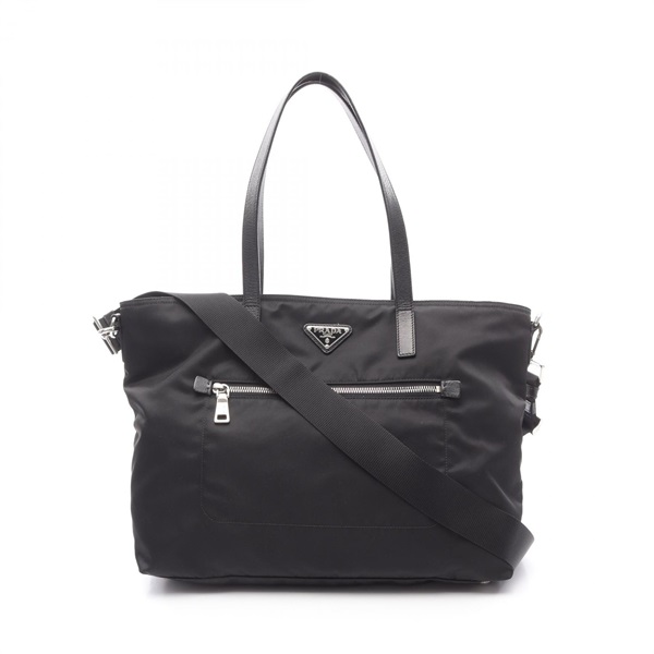 PRADA Shoulder Tote Bag Nylon Saffiano leather Black Used Women crossbody logo