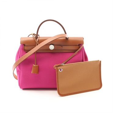 HERMES Herbag Zip PM Shoulder Handbag Y Toile H Hunter leather BR Magnolia SHW