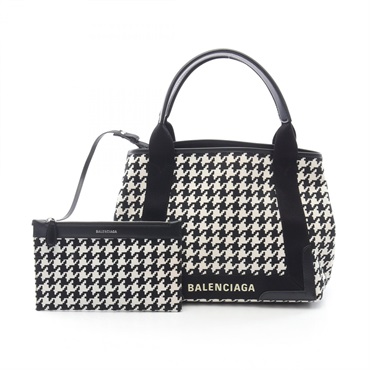 BALENCIAGA NAVY CABAS S Tote Bag 339933 canvas leather Black White Used