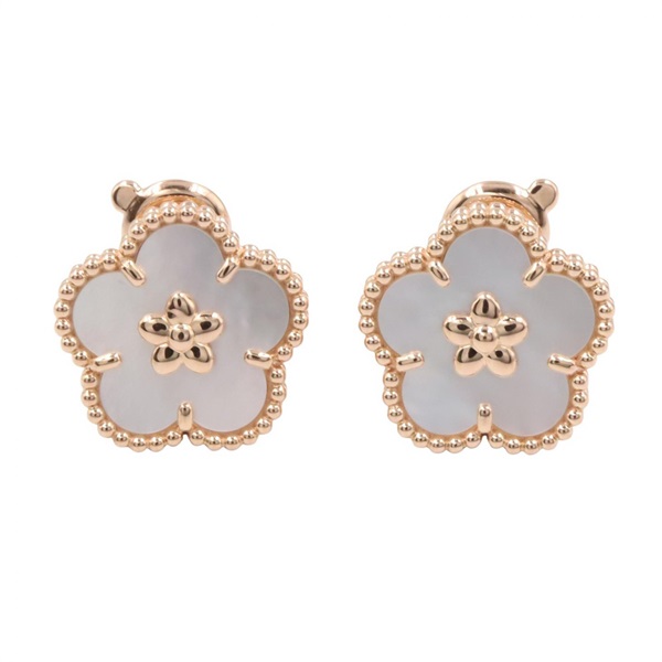 Van Cleef & Arpels Lucky Spring Plum Blossom Pierced Earrings 18KPG Gold MOP