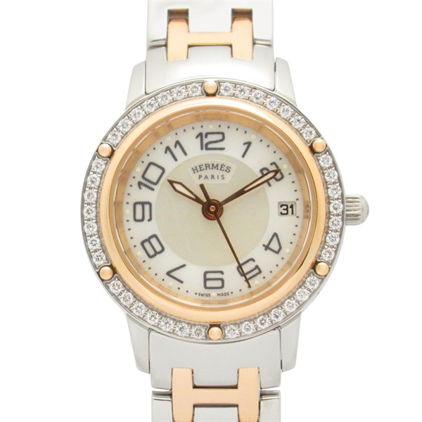 HERMES Clipper Classic Diamond Wrist Watch CP1.222 Quartz PGP SS Used Women