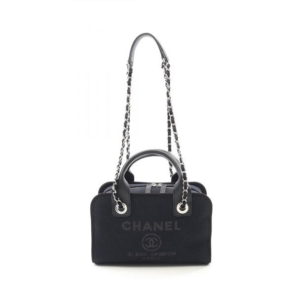 CHANEL Deauville bowling Chain Shoulder Handbag A92749 canvas leather Navy SHW