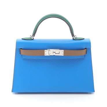 HERMES Mini Kelly 2 Tricolor Shoulder Handbag W Epsom leather Blue zanzibar SHW