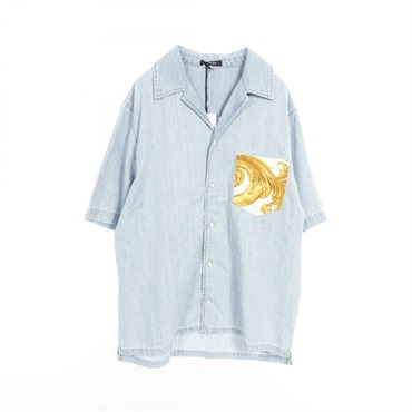 VERSACE denim shirt tops #50 short sleeves cotton Blue White Yellow Used mens