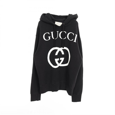 GUCCI Interlocking G Hoodie 475374 cotton Black White Used mens size S logo