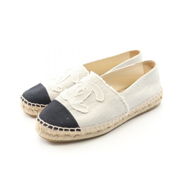 CHANEL COCO Mark Flats shoes G29762 canvas Beige Black Used Women ＃35 CC